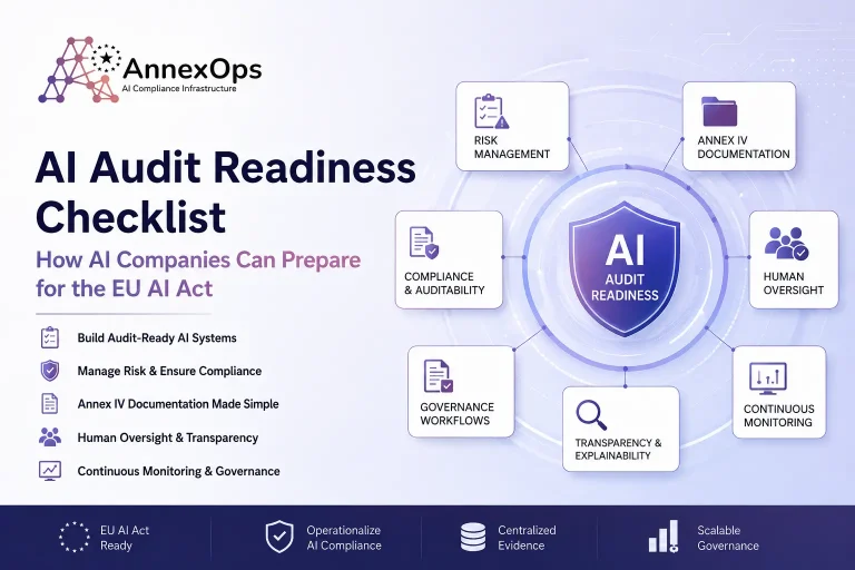 AnnexOps AI Audit Readiness Checklist banner featuring EU AI Act compliance, AI governance workflows, Annex IV documentation, human oversight, continuous monitoring, and AI risk management infrastructure.