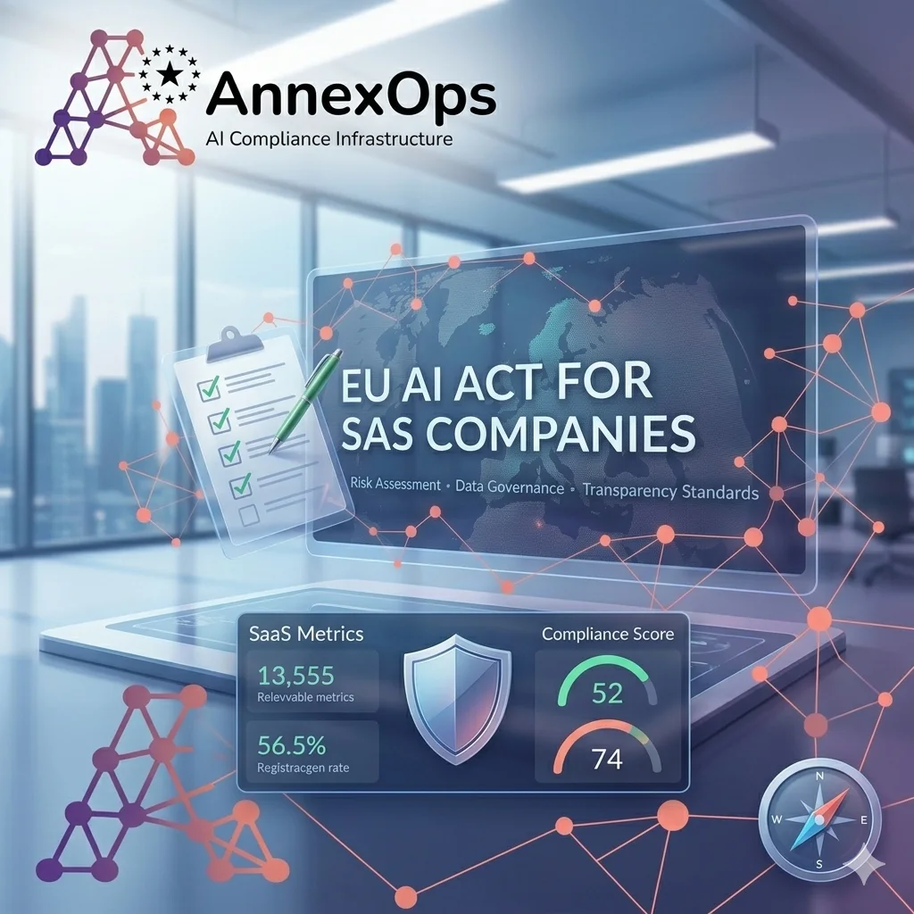 AnnexOps illustrating the EU AI Act for SaaS companies, featuring a digital dashboard with risk assessment compliance scores, an audit checklist, and a modern corporate tech background.