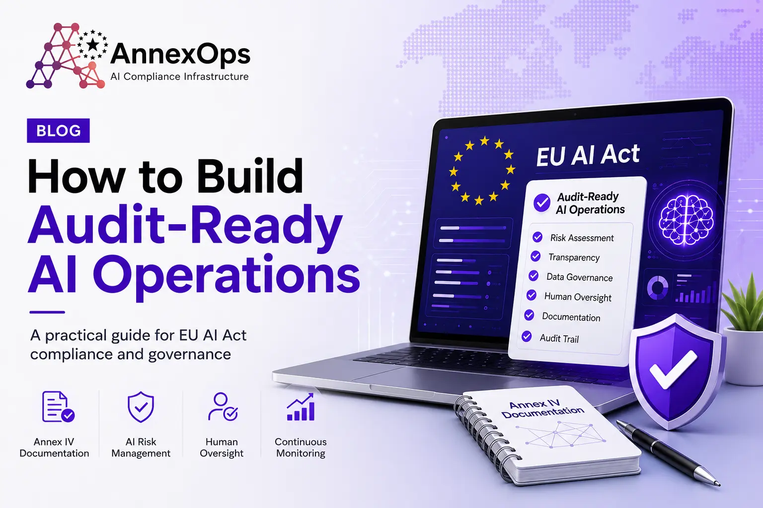 AnnexOps blog banner showing “How to Build Audit-Ready AI Operations” with EU AI Act compliance dashboard, governance checklist, and AnnexOps logo.