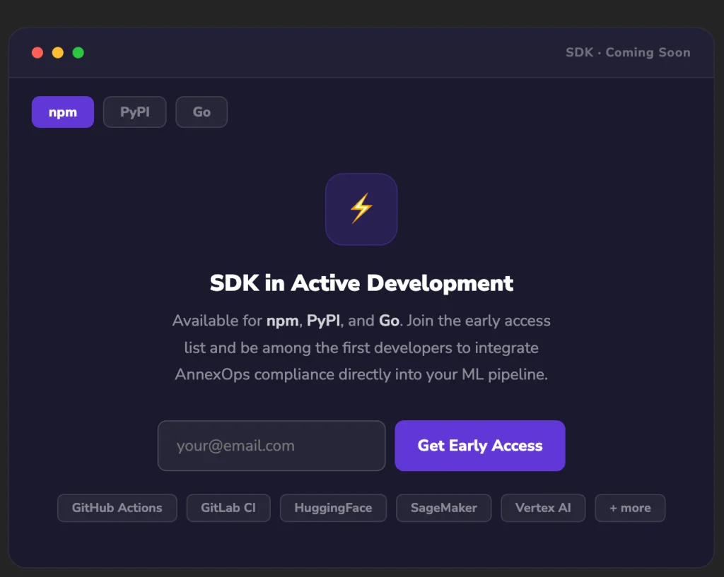 AnnexOps SDK early-access panel for npm, PyPI and Go